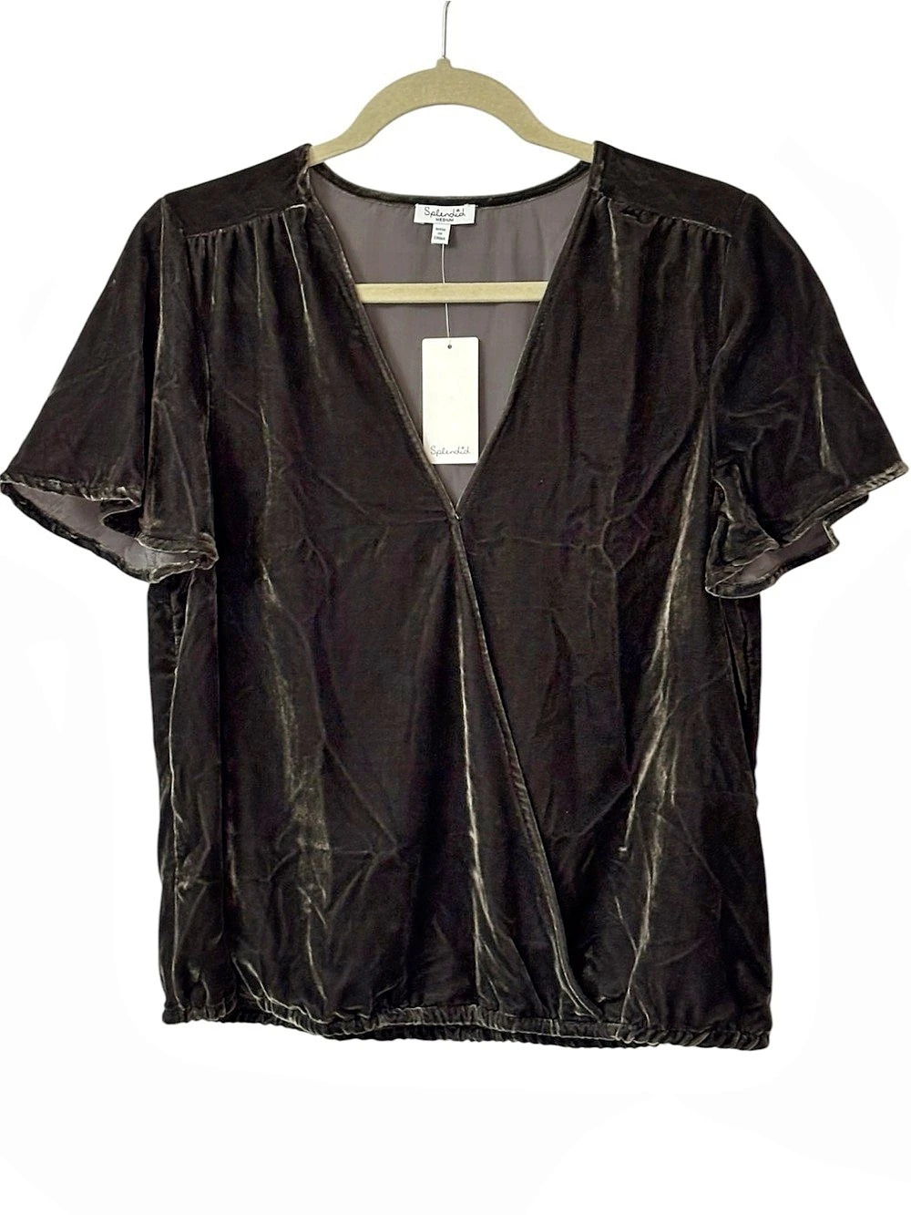 Splendid Velvet Surplice Black V Neck Wrap Top Sz M NWT Preppy Whimsigoth Y2K